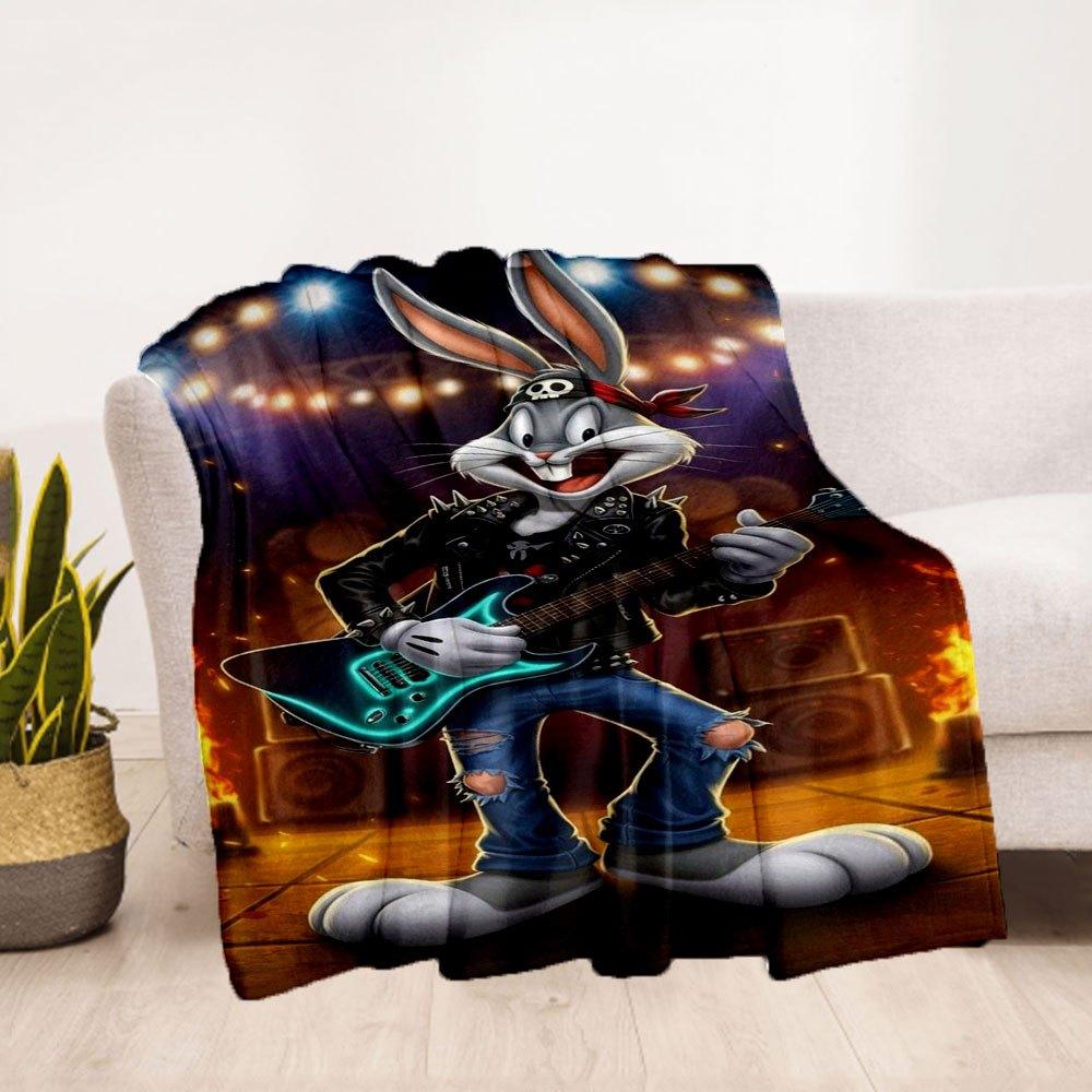 "Rock Star Bugs Bunny Guitar Art Print"Blanket Flannel Throw Blanket for Sofa, Bed, Travel, Camping, Office