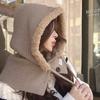 Balaclava Plush Patchwork Button Hood Scarf  Hats for Women One Autumn and Winter Neck Guard Lace-up Lazy Knitted Hat  Beanie