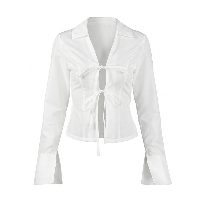 European and American Spice Girls Style Shirt Women's 1116 Autumn White Lace-up Waist Loose Long Sleeve Skinny Casual Temperament Top