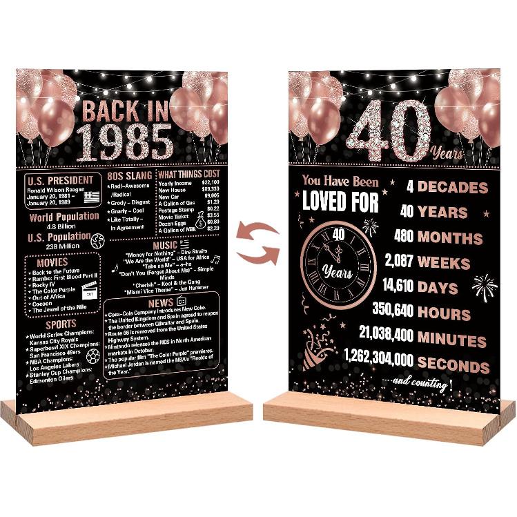 Trgowaul 40th Birthday Decorations Women Men, Black Pink Back in 1986 Birthday Poster Acrylic Table Sign with Stand, 40th Anniversary Decor Gifts for