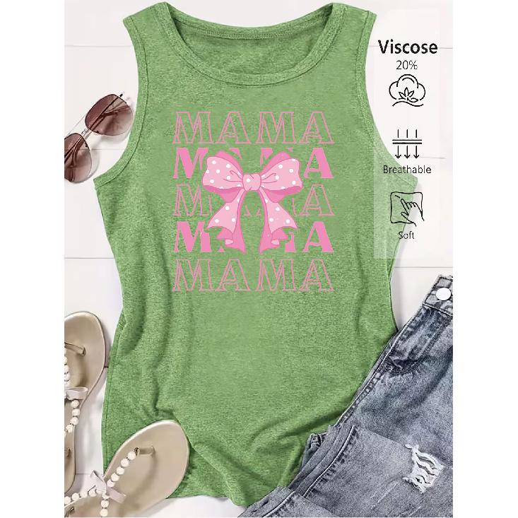 2026 Trendy MAMA Bow Repeat Text Print Women Sleeveless Vest High Quality Casual Summer Tank Top S трава зеленый