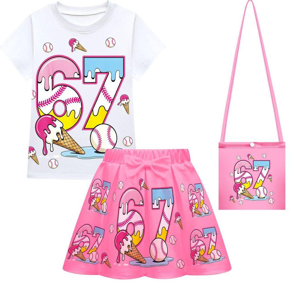 

Kids Girls Steal a Brainrot 67 Print Sets Short Sleeves T-Shirt Skirt Bag Clothes Set 160cm рожевий