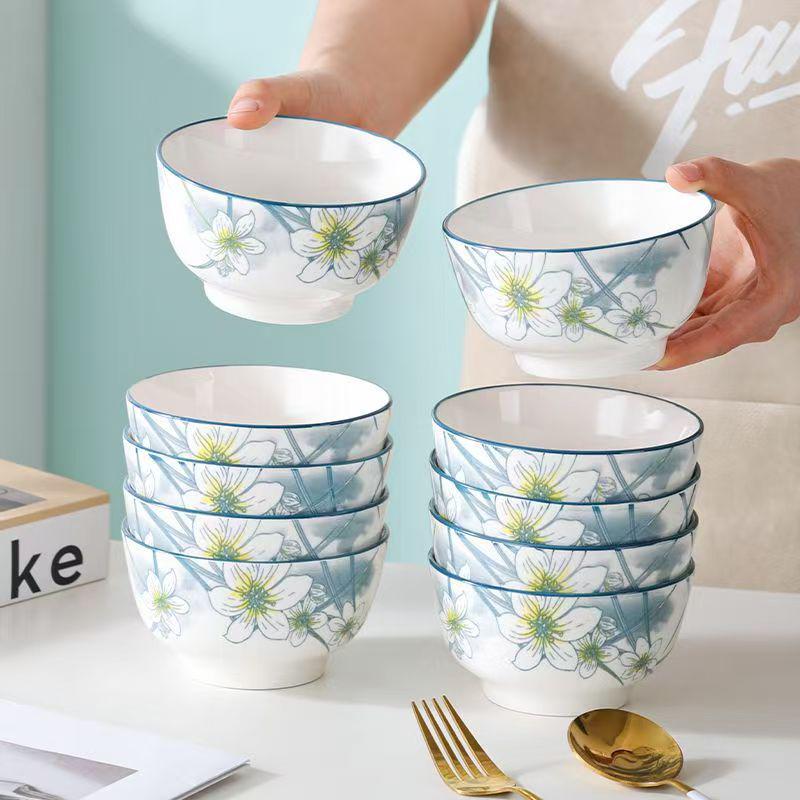 Peace and Joy 10-Piece Glazed Ceramic Rice and Noodle Bowl Set, 5-Inch