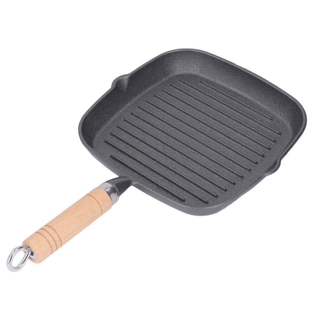 Cast Iron Steak Pan Wooden Handle Steak Griddle Kitchen Cookware Grill Pan  Indoor & Outdoor