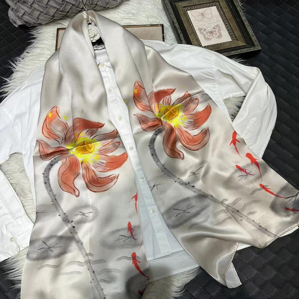 

Chinese Style Ink Lotus Silk Scarf Shawl Women New Design 100% Natural Silk Long Scarves Grey Pink Neck Scarves 175*53Cm