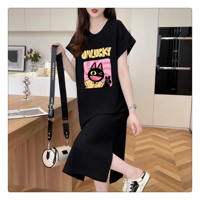 Women's Short-sleeved T-shirt Slit Dress Summer Mid-length Over-the-knee Dress Plus-size Age-reducing Clothes
