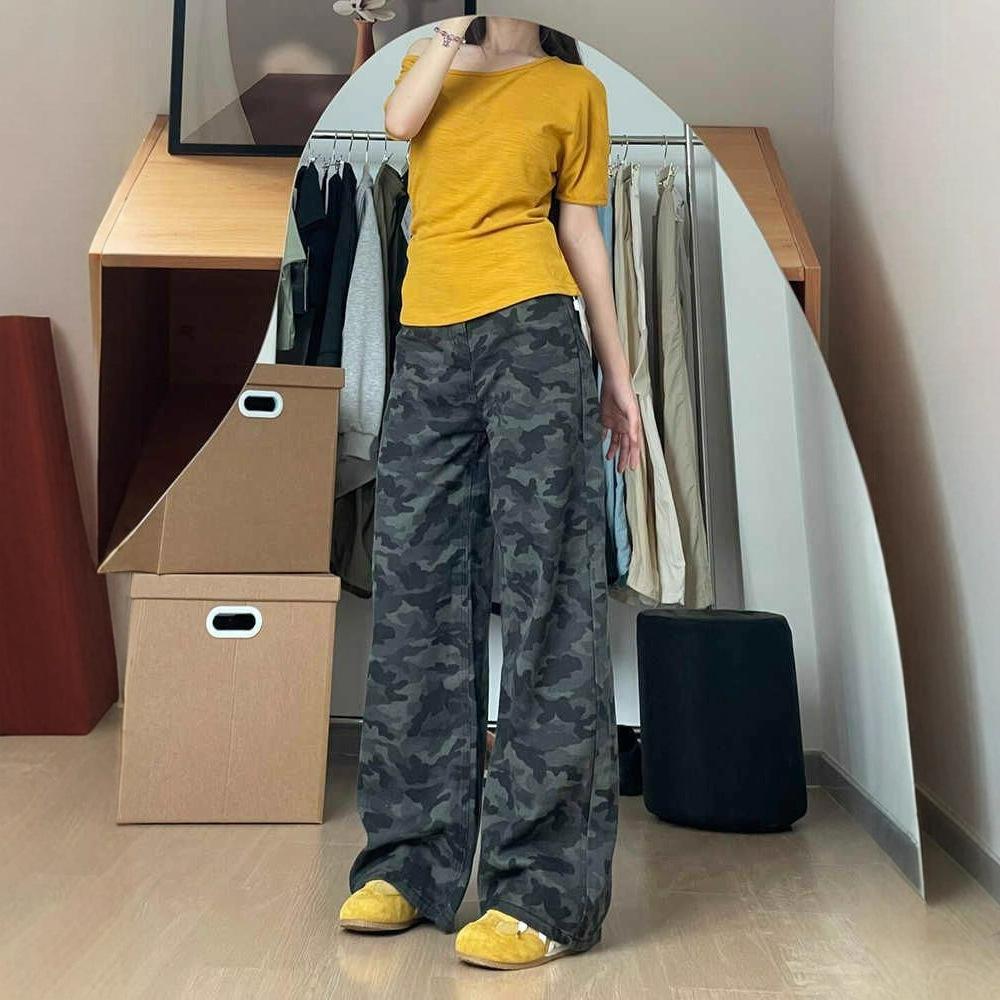 Comfortable Camouflage High Waist Wide Leg Jeans Women High Street Hundred Match Skinny Loose Straight Trousers Jeans for Women Long Denim Pants