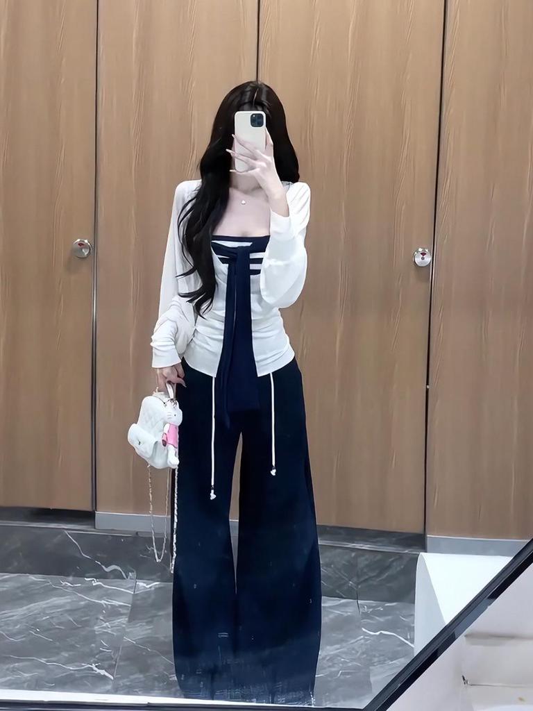 Koreanischer Stil Frühherbst Zweiteiler: Schnür-Trägerloses Top & Langärmeliges Cover-Up