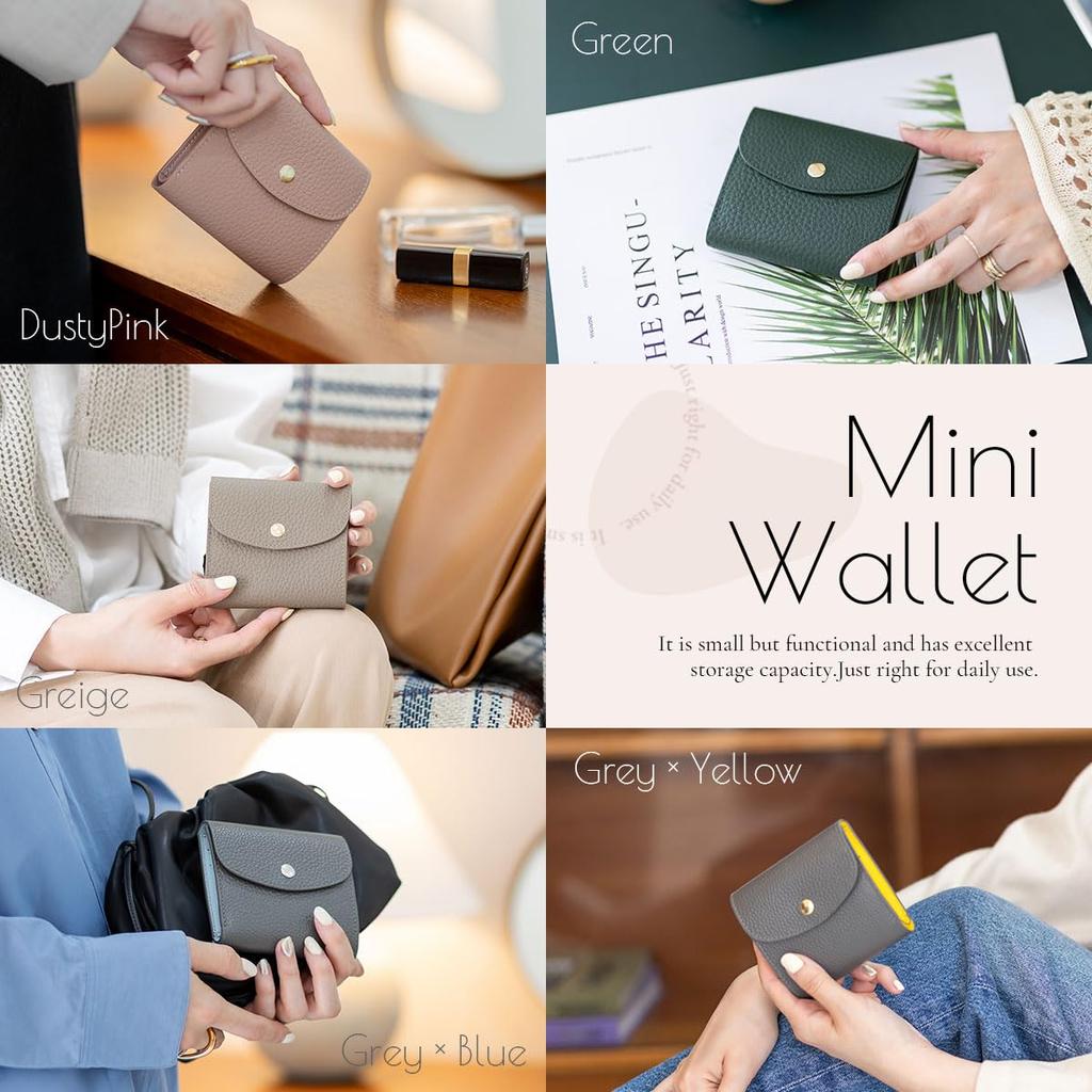 RafiCaro Women's Bifold Wallet, Compact, Fits Bills Without Folding, Mini, Soft Shrink Leather, Box-Shaped Coin Purse, Large Capacity, Simple, Adult,