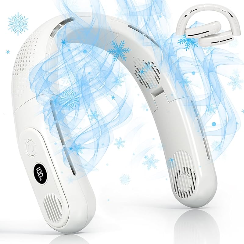 OLV Rechargeable 4 Turbo 6000mAh Portable Neck Fan - 360 Cooling Airflow, 3 Speeds, LED Battery Display, Foldable, Bladeless - Personal Fan for Work,