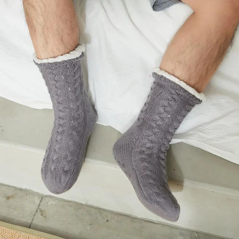 Winter Woolen Floor Slippers Socks Men Warm Plush Knitted Sock Cozy Non-Slip Thicken Home Socks Skarpetki Męskie