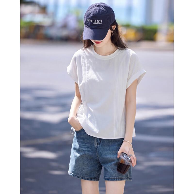 Cloud Cotton Spliced Drawstring Short Sleeve T-Shirt