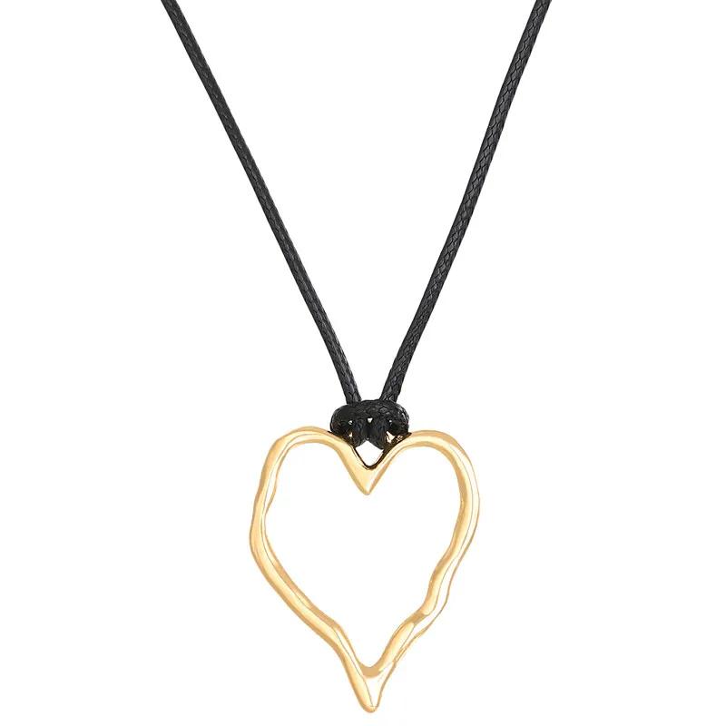 Vintage Irregular Punk Metal Bean Pendant Necklace for Women Adjustable Black Leather Rope Long Clavicle Chain Charm Jewerly
