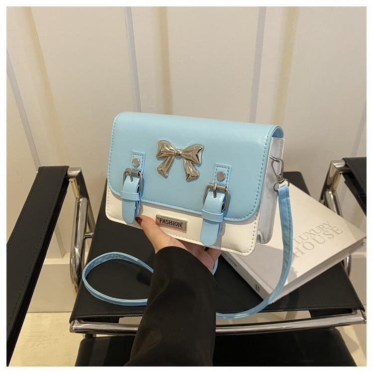 

Chic Commuter Bowknot Hardware Color Block Bag 2024 New Urban Style Nylon Lining Small Square Blue