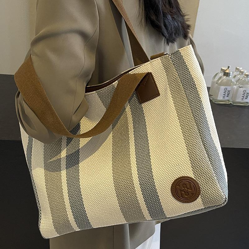 Canvas Bag Striped Tote Bag New Women's Bag Sweet Contrasting Color Handbag Crossbody Bag Large Capacity