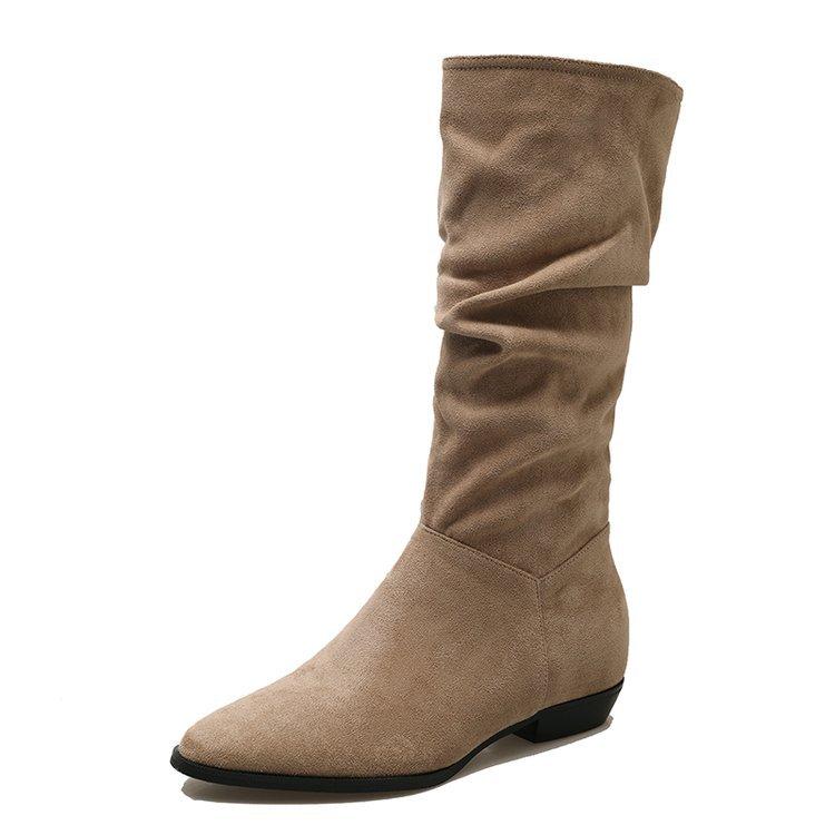 [Ushilai] pointed-toed temperament boots for women's 2025 winter new thick-heeled fashion casual versatile wrinkled boots