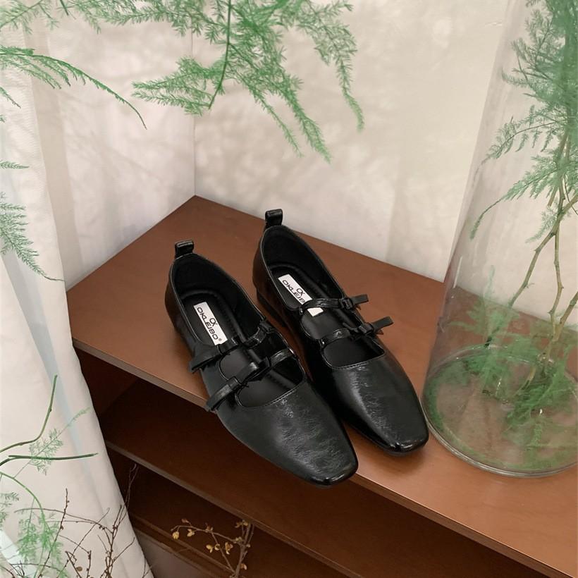 Spring 2025 New French Mary Jane Shoes Double Bow Square Head Shallow Mouth Temperament Flat Bottom with Skirt Single Shoes