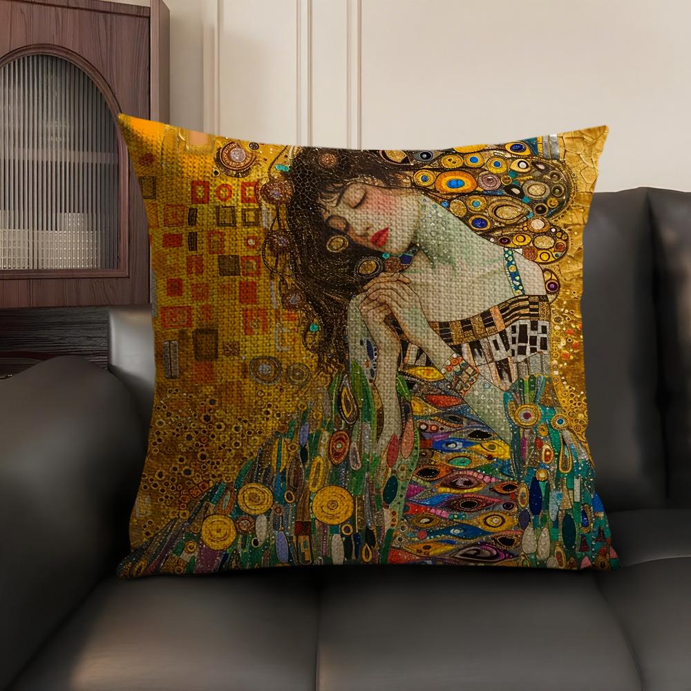 GGustav Klimt Oil art Cushion Cover Natural Linen Organic Fabric DoubleSided Printing Sofa Home Decor Gift Pillow Case
