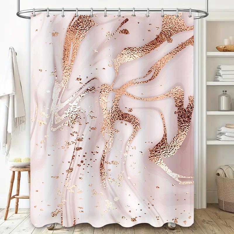 Luxurious Gold Glitter Shower Curtain Set Pink Rose Gold Bathroom Decor Soft Watercolor Fabric For Bathrooms Size: 72X84 Inches