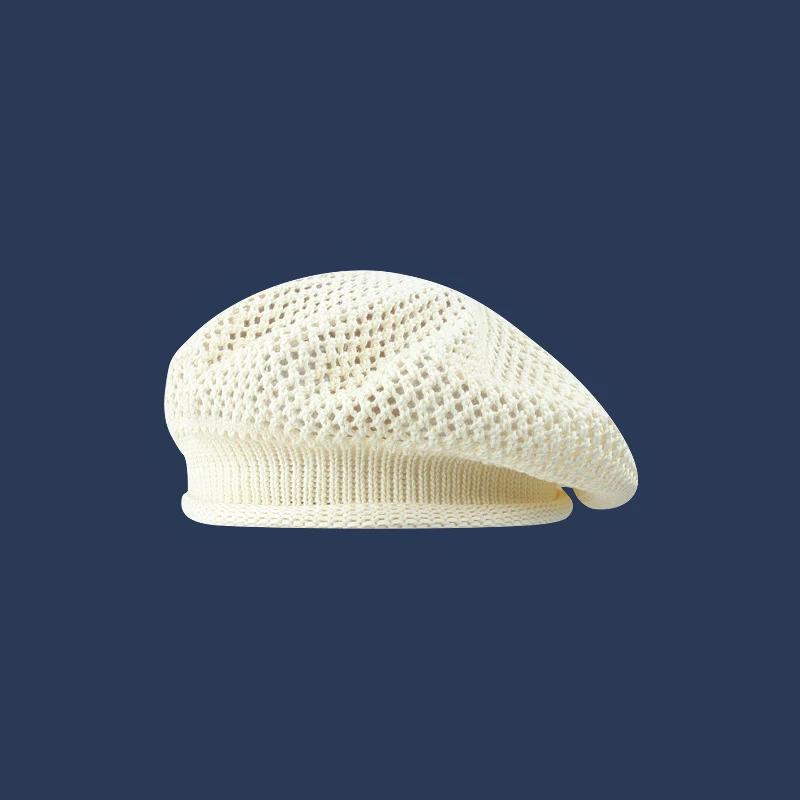 New Korean Hollow Solid Color Knitted Beret Hat For Women Summer Breathable Weave Painter Hats All-Match Trend Flat Cap Artists