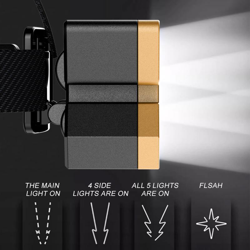 LED Strong Light Five Headed Outdoor Waterproof Fishing Light USB Rechargeable Ultra Bright Head Mounted Flashlight