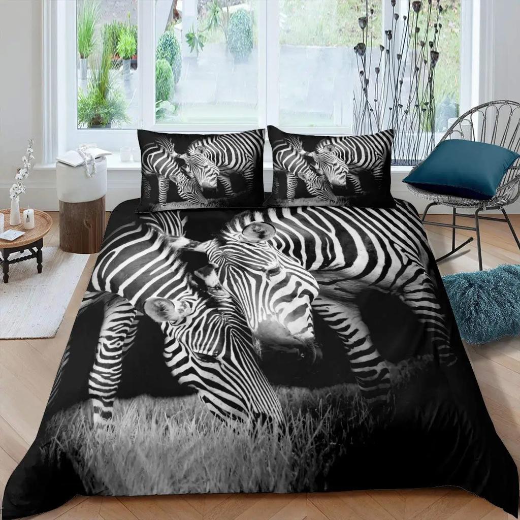 Zebra King Queen Duvet Cover Colorful Animal Bedding Set For Teens Adults Savanna Creatures Black 2/3Pcs Polyester Quilt Cover