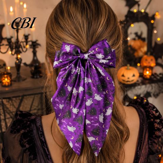 Stylish Halloween Hair Ornaments Large Bows for Women Girls, Vintage Ribbon Barrette Clips with Long Cute Retro Tails, Ghost/Pumpkin/Blood Mouth Print