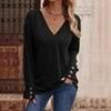 2026 Spring Women's Solid Color V-Neck Loose Long Sleeve T-Shirt with Buttons