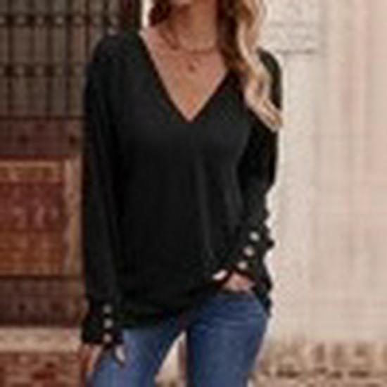 2026 Spring Women's Solid Color V-Neck Loose Long Sleeve T-Shirt with Buttons
