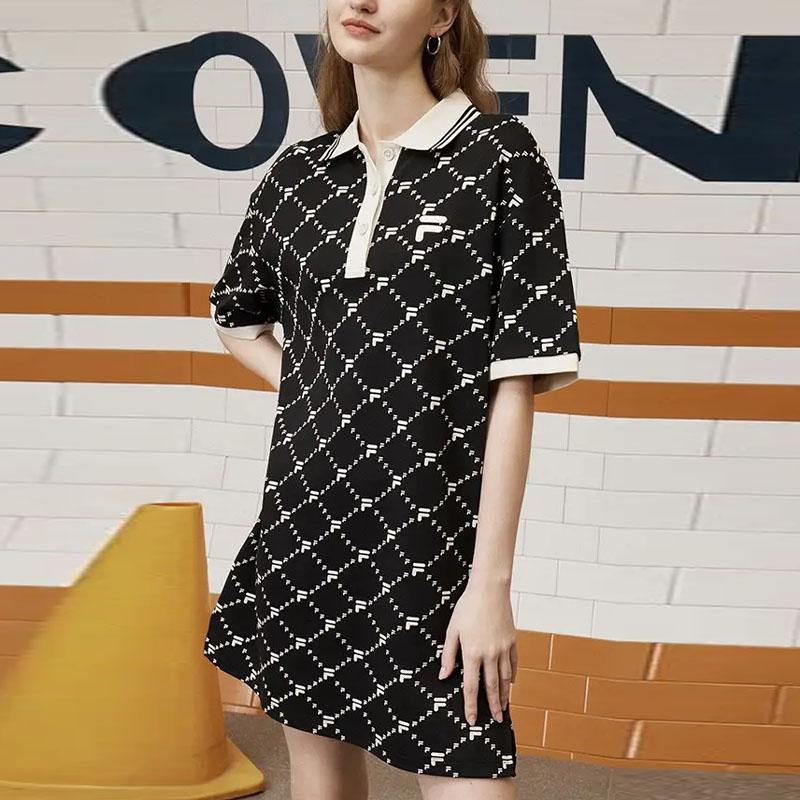 FILA Fusion Fashion Loose Polo Collar Short Sleeve Dress Women dresses Black T11W323316ABK