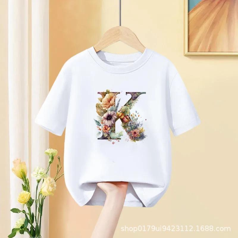 Floral AZ Kids Tshirt 26 Letters Cute ABCD Cartoon Short Sleeve Tee for Girls Summer Fashion Polyester Fabric