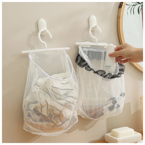 Dekori Laundry Basket with Hooks, Set of 2, Wall-Mounted Laundry Storage Basket with Clothes Drying Net, Clothespin Storage, Makeup Brush Drying Net,