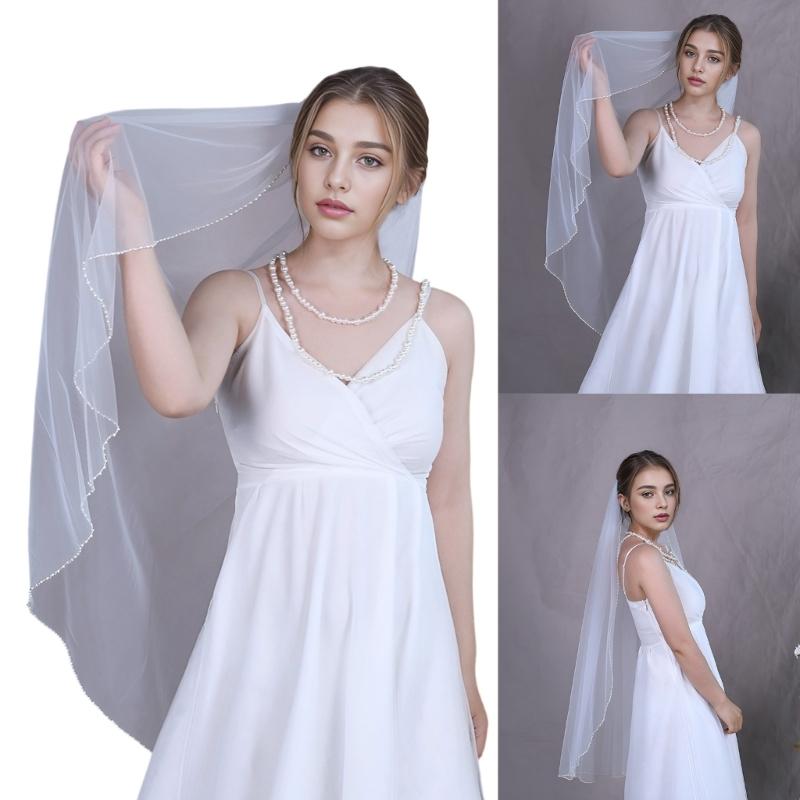 Delicate Sheer Bridal Veils with Hand Sewn Pearls Edging Easy to Wear Hair Comb Design For Wedding Ceremony Dressingup