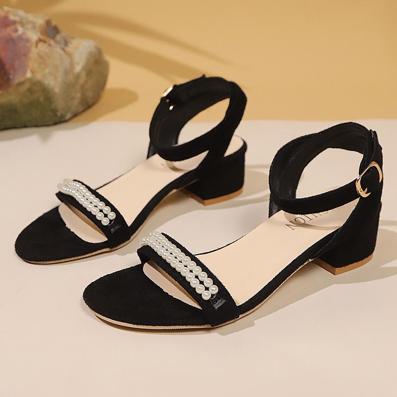 Fashion String Beads Med Heel Sandals Women One Strap Ankle Buckle Summer Sandles Woman Plus Size Thick Heeled Gladiator Sandalias Mujer