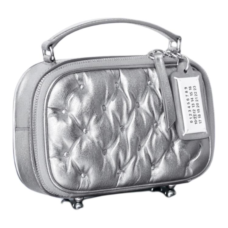 Maison Margiela Glam Slam Quilted Design Zipper Closure Lambskin Leather Mini Handheld Crossbody Bag Women Bags Metallic-Silver SB1WB0008P6800H3809