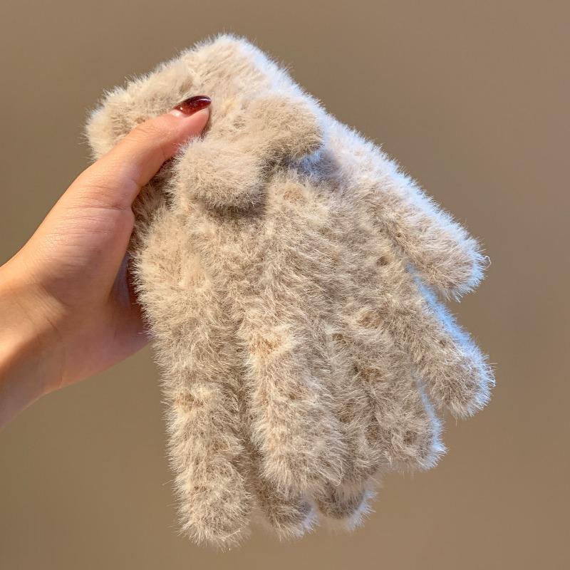 Warm wool gloves Female winter rabbit plush full finger cute riding leopard print elastic finger cold and windproof