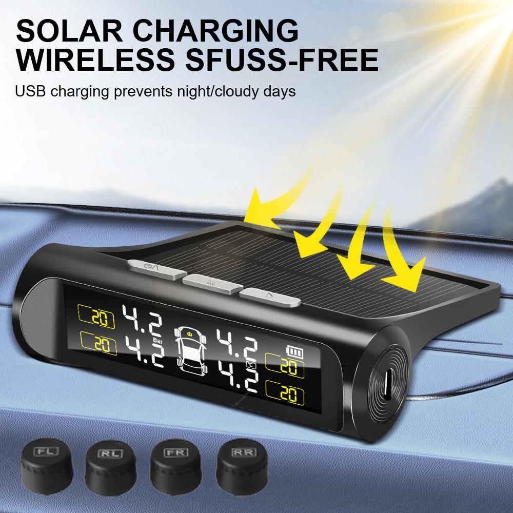 Tyre Pressure Solar Power 2025 Auto Security Alarm Digital LCD Display Car TPMS Tyre Pressure Monitoring System External Sensor