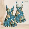 Women Plus Size Square Neck Strappy Open Shoulder Sleeveless Dress Green Blue Floral Printed Flared Hem