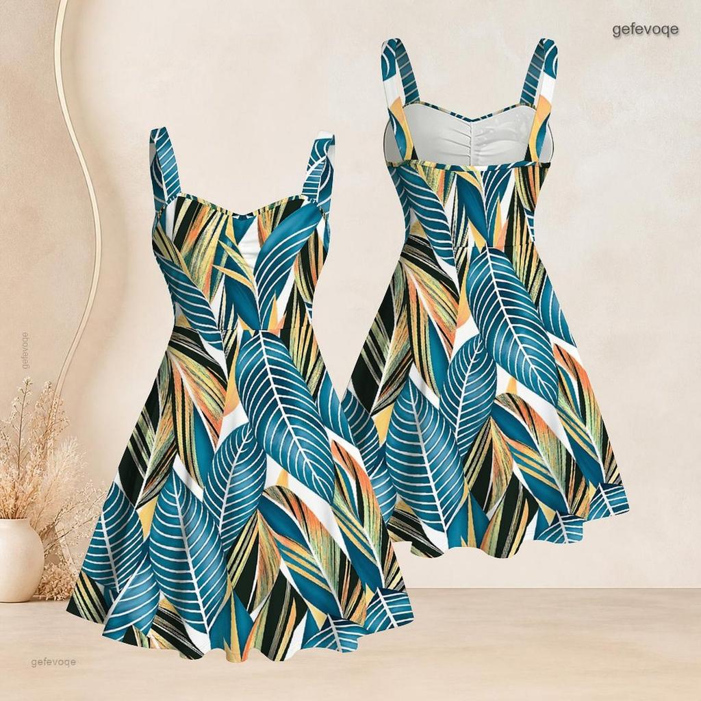 Women Plus Size Square Neck Strappy Open Shoulder Sleeveless Dress Green Blue Floral Printed Flared Hem