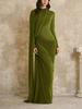 European and American Women's Slim Fit Pleated Ribbon Round Neck Long Sleeve Dress