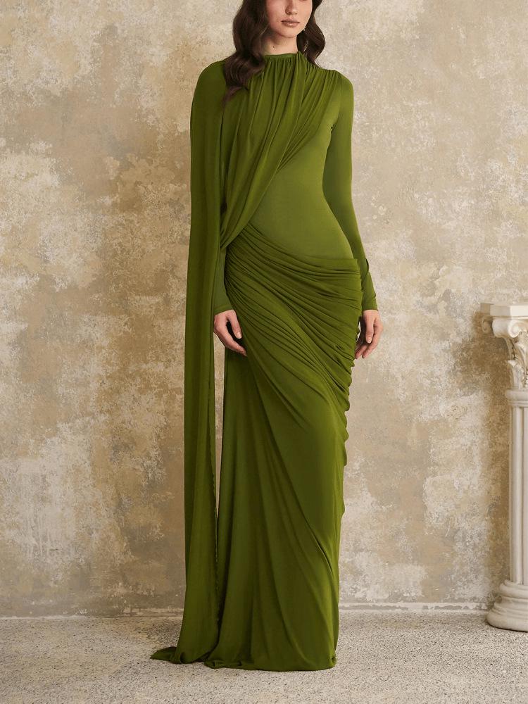 European and American Women's Slim Fit Pleated Ribbon Round Neck Long Sleeve Dress