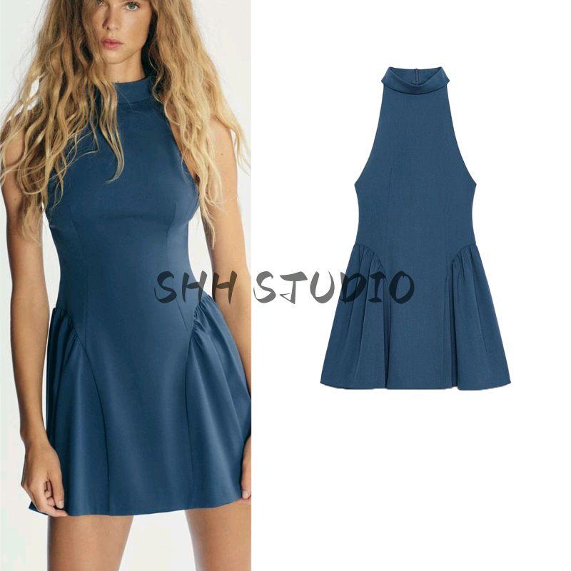 Autumn New Women Clothes French Style Minimalist Style Pleated Decoration Sling Hanging Collar Short Dress 8685555