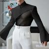INCERUN Men Mockneck Long Sleeve Webbing Patchwork Fitted Casual Undershirts T-shirts