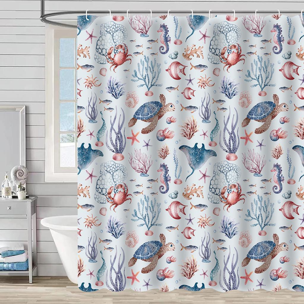 Shower Curtain Waterproof And Mildew-Proof Digital Printing Starfish Shell Shower Curtain Bathroom Partition Curtain Free Punching