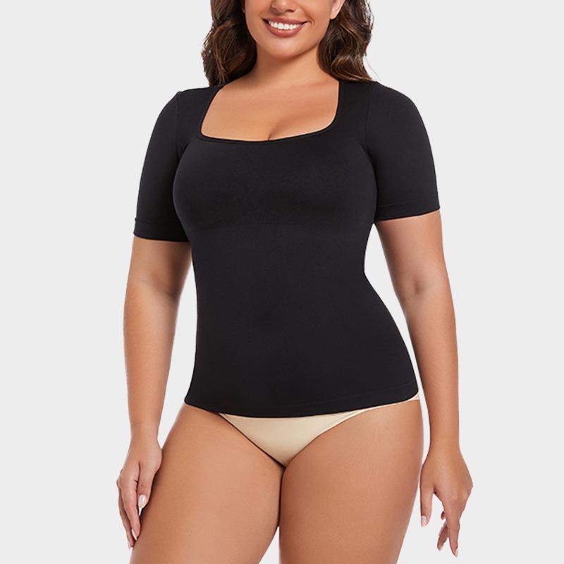 Women Plus Size Short Sleeve Seamless Tummy Control Body Shaper Shapewear Top