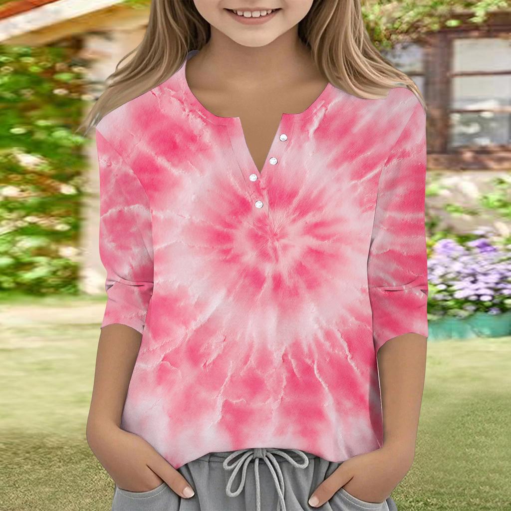 Print Tops For Youth Girls V Neck Button 3/4 Sleeves T-Shirts Trendy Tops Outfit Tees