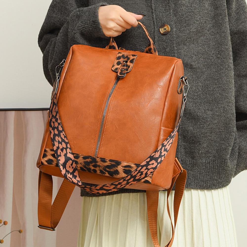 Rucsac de damă din piele moale cu imprimeu leopard, rucsac antifurt