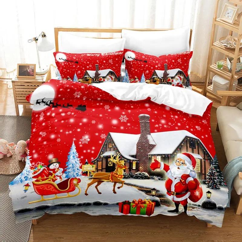 3D Christmas Duvet Cover Set Red Colour Merry Christmas Theme Tree Gift Pattern For Kids Teens Adult Bedding Set King Queen Size