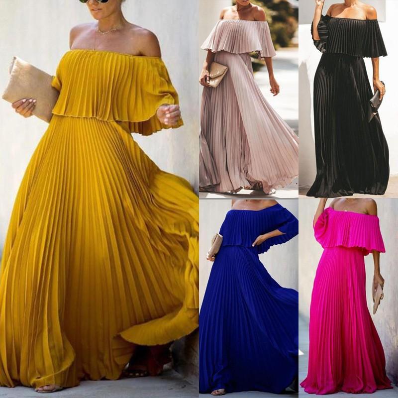 Spring New Women'S Long Dress Sexy Off-The-Shoulder One-Word Shoulder Pleated Chiffon Party Dress