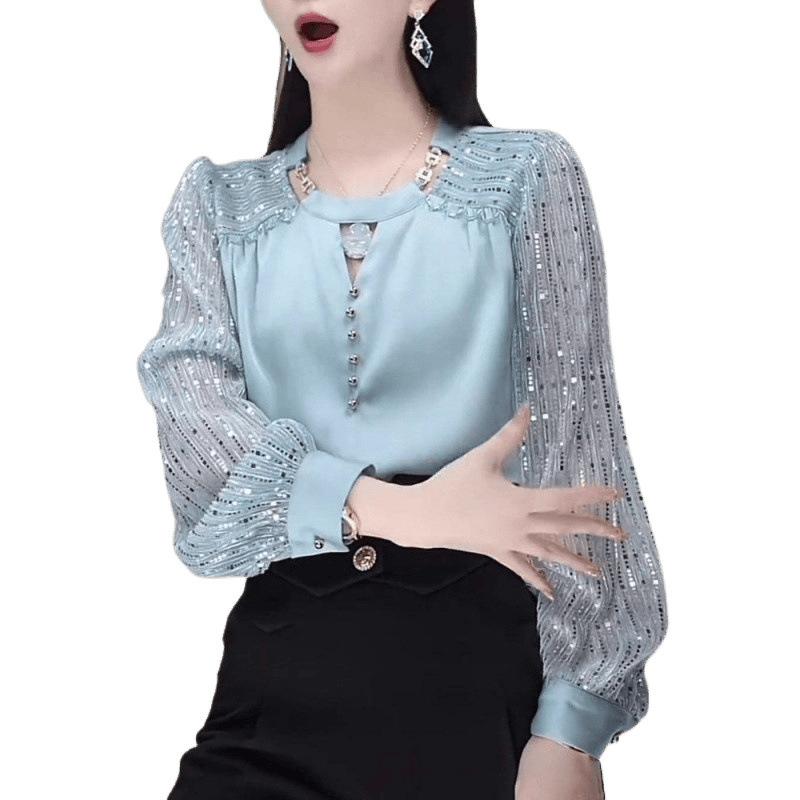 French Round Neck Long-sleeved Casual Shirt, Fashionable and Elegant Sequin Stitching Hollow Out Elegant All-match Shirt
